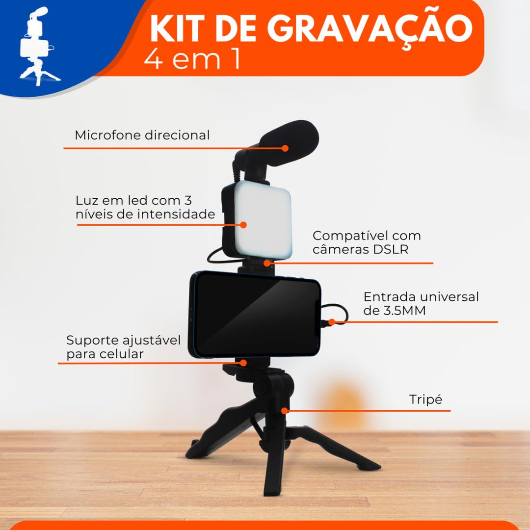 Kit Vlog Pro 4 em 1: Tripé + Luz LED + Suporte + Mic | Gravação Perfeita p/ Lives, TikTok & YouTube