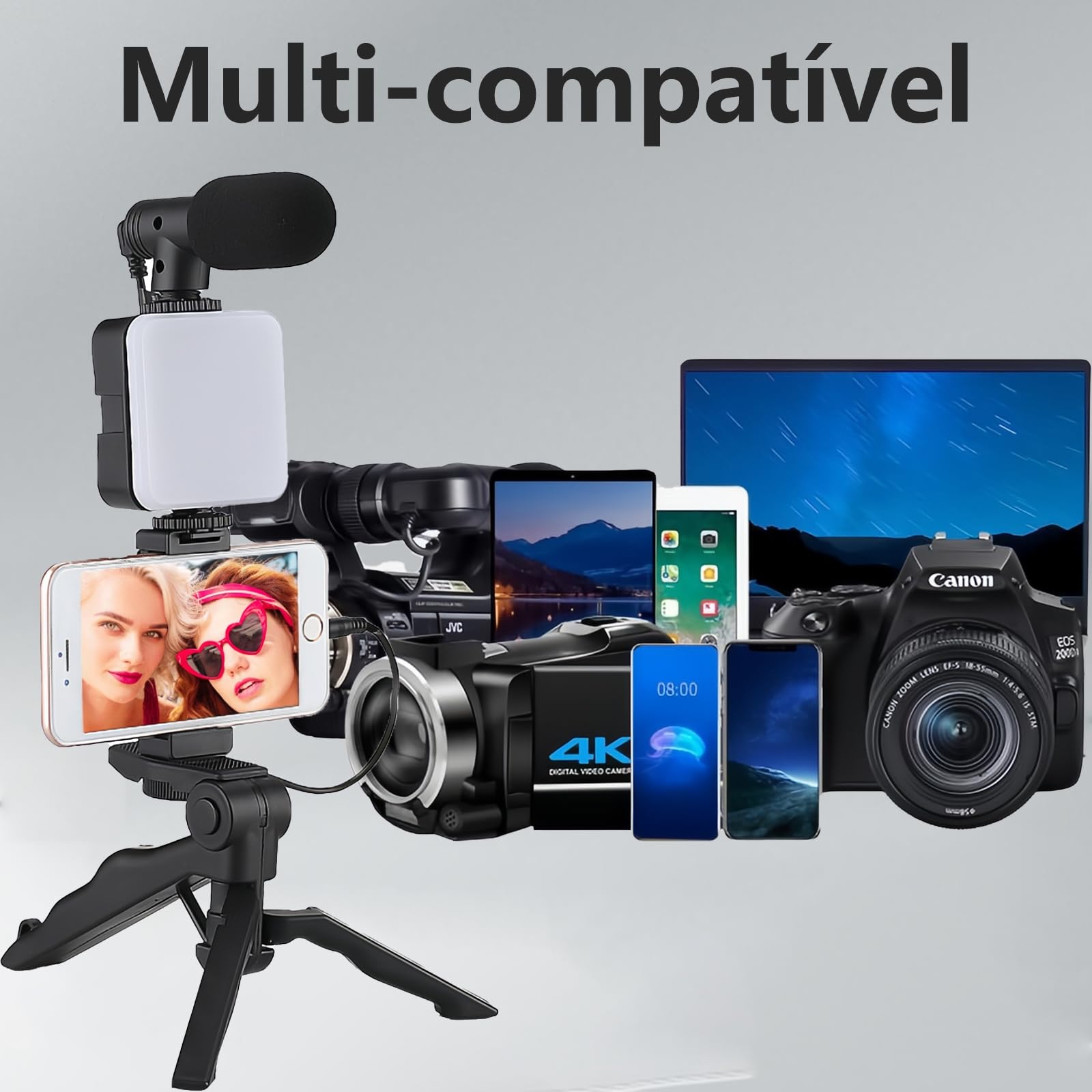 Kit Vlog Pro 4 em 1: Tripé + Luz LED + Suporte + Mic | Gravação Perfeita p/ Lives, TikTok & YouTube