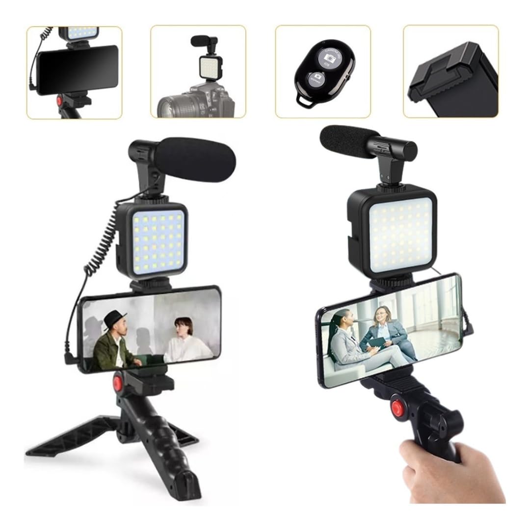 Kit Vlog Pro 4 em 1: Tripé + Luz LED + Suporte + Mic | Gravação Perfeita p/ Lives, TikTok & YouTube