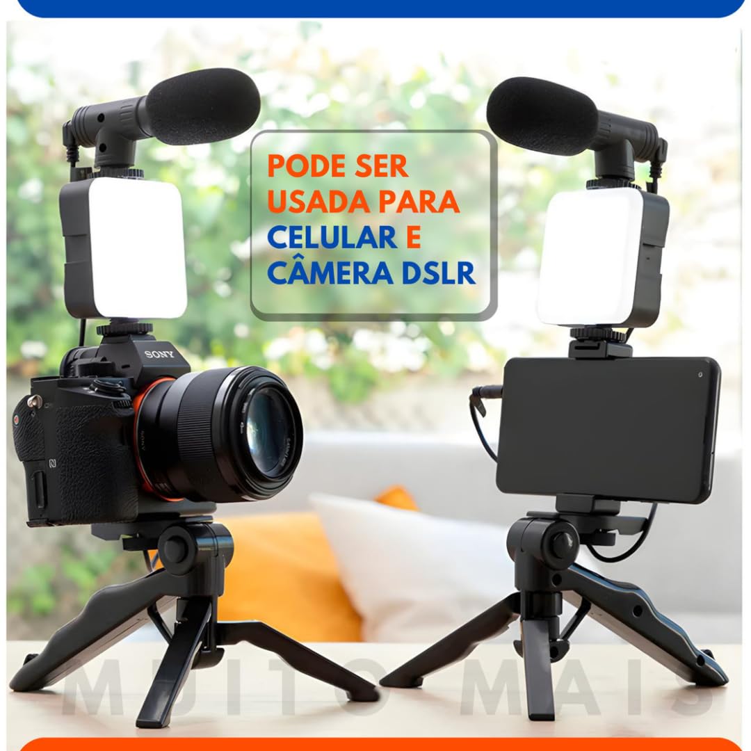 Kit Vlog Pro 4 em 1: Tripé + Luz LED + Suporte + Mic | Gravação Perfeita p/ Lives, TikTok & YouTube