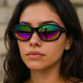 Óculos de Sol Unissex Oval Esportivo Preto | Lente Espelhada Colorida (Iridescente) | Estilo Y2K para Rua, Praia e Dirigir