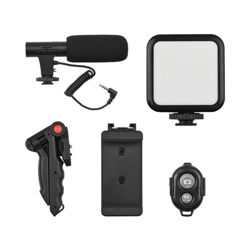 Kit Vlog Pro 4 em 1: Tripé + Luz LED + Suporte + Mic | Gravação Perfeita p/ Lives, TikTok & YouTube