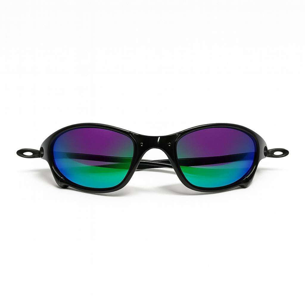 Óculos de Sol Unissex Oval Esportivo Preto | Lente Espelhada Verde (Iridescente) | Estilo Y2K para Rua, Praia e Dirigir