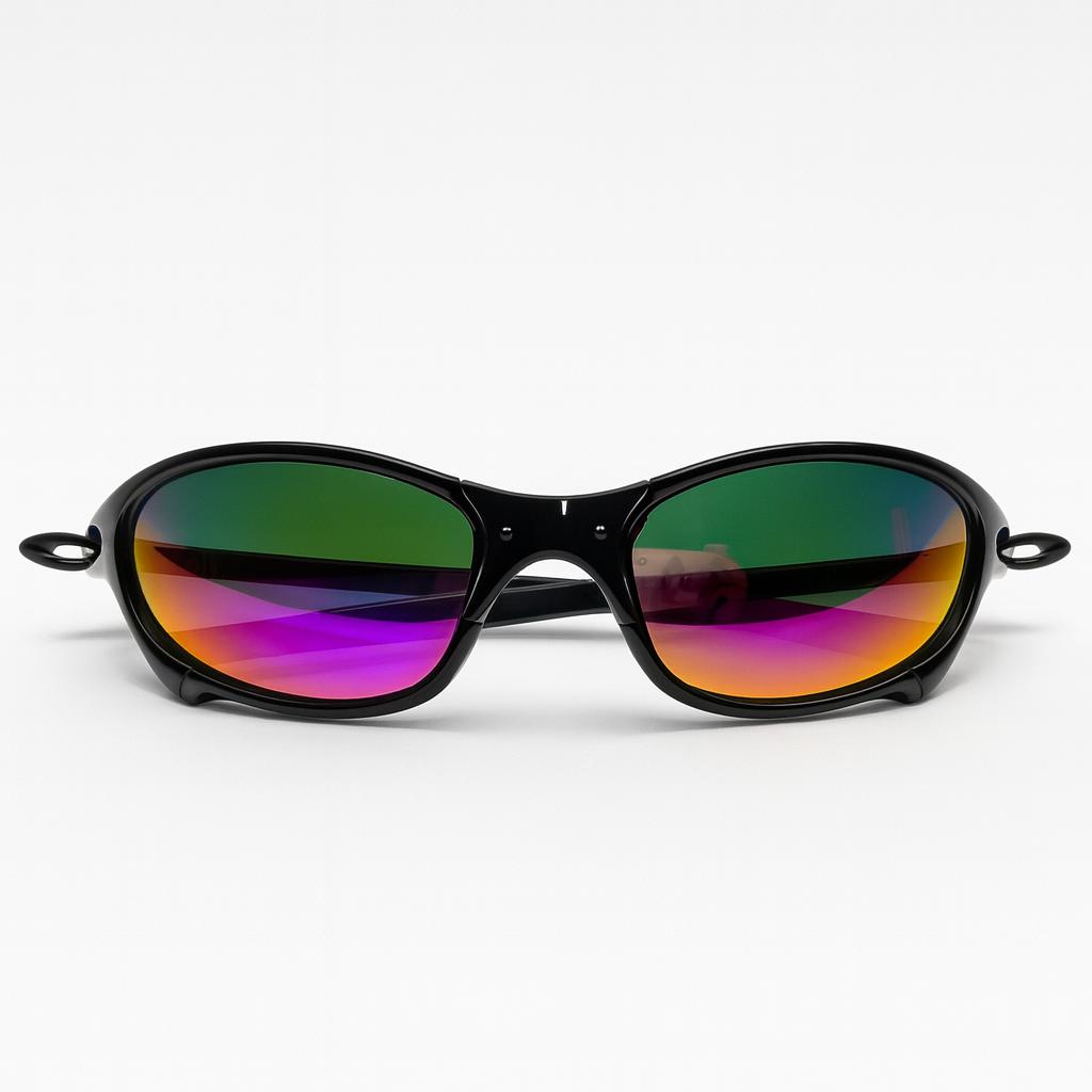 Óculos de Sol Unissex Oval Esportivo Preto | Lente Espelhada Colorida (Iridescente) | Estilo Y2K para Rua, Praia e Dirigir