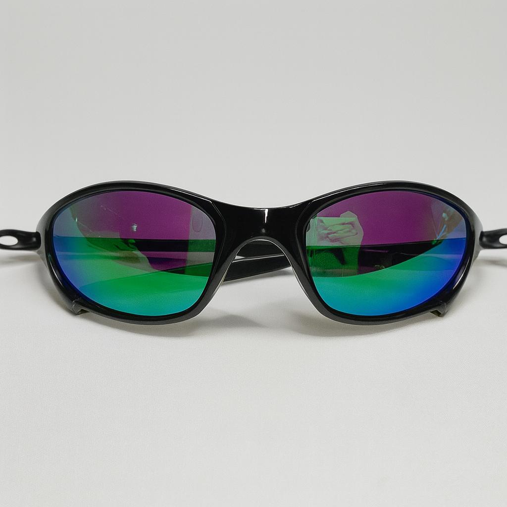 Óculos de Sol Unissex Oval Esportivo Preto | Lente Espelhada Verde (Iridescente) | Estilo Y2K para Rua, Praia e Dirigir